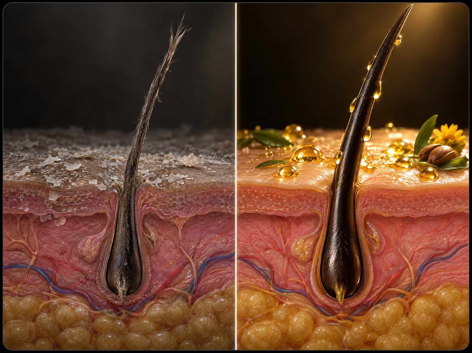 Dry scalp and weak strand without BOTANIQO; nourished scalp and strong strand with BOTANIQO