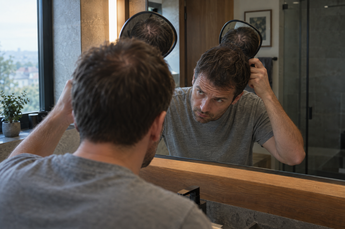 Man checking the crown of his head in the bathroom mirror
